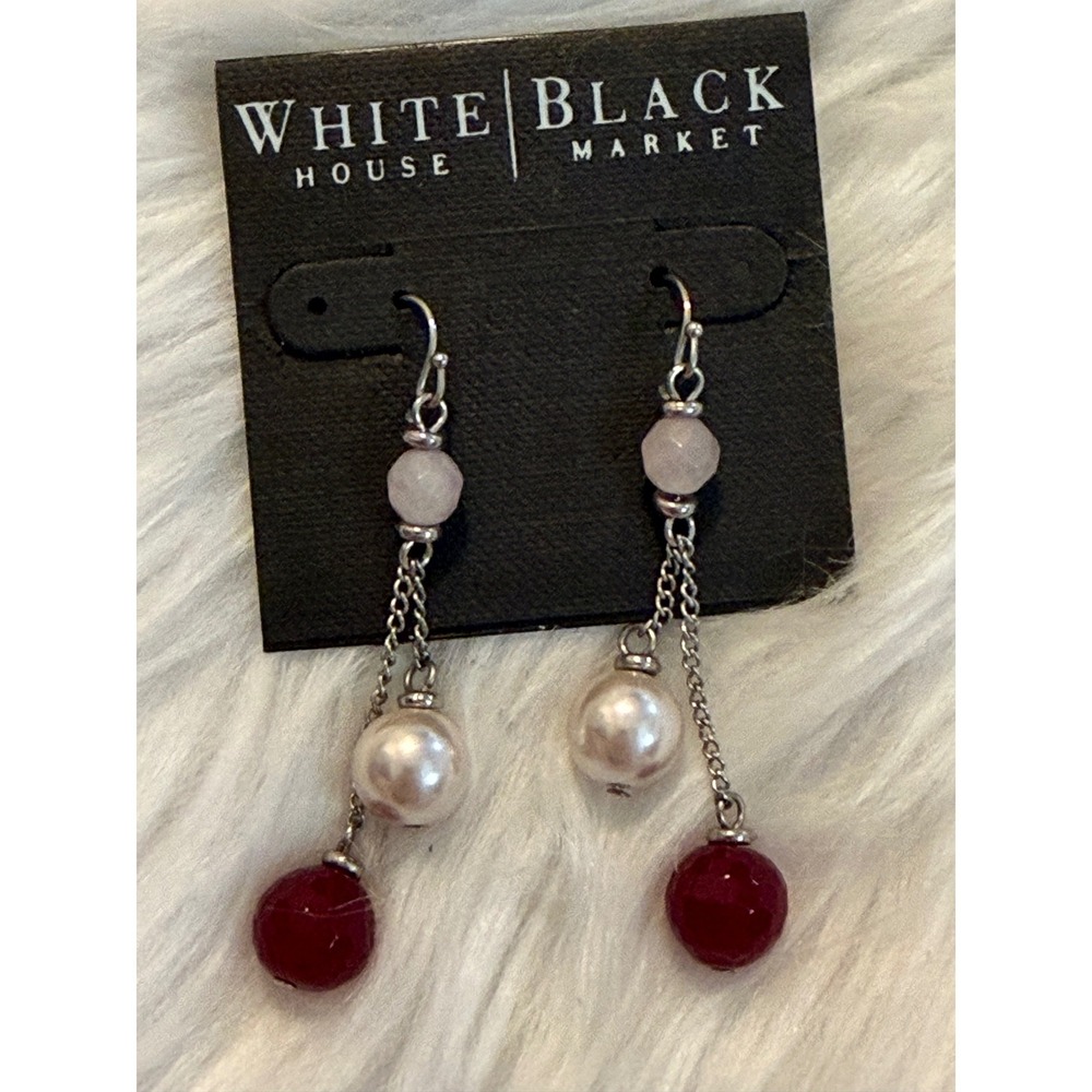 White House Black Market Silver Tone Faux Pearl Red Faceted Bead Drop Earrings